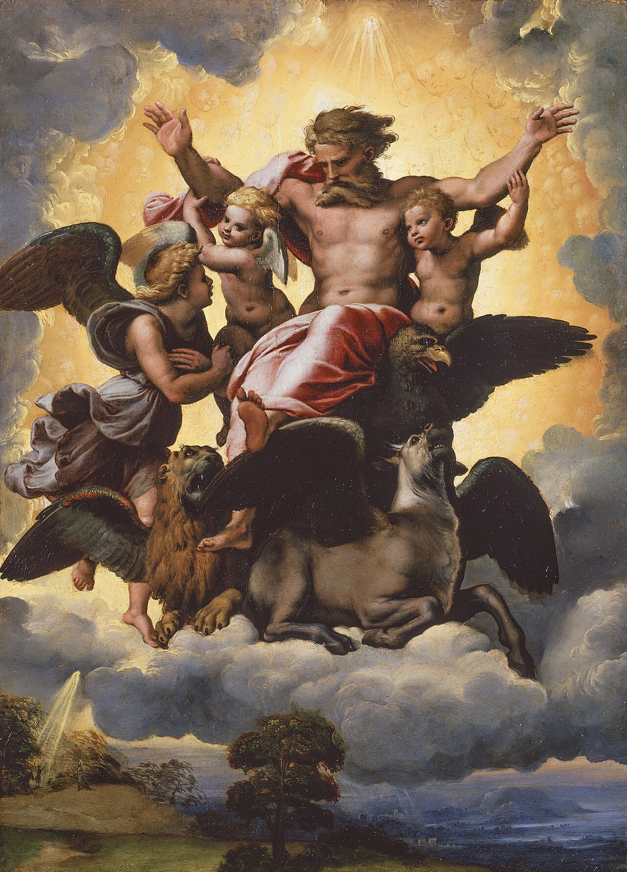 God the Father spread across the sky, borne up by the four living creatures of Ezekiel's vision: man, lion, ox and eagle