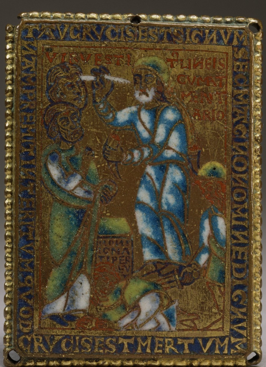 Begin At My Sanctuary 1 A medieval gilt enamel plaque: a haloed figure marks the sign tau on the forehead of a kneeling man, with the slain below