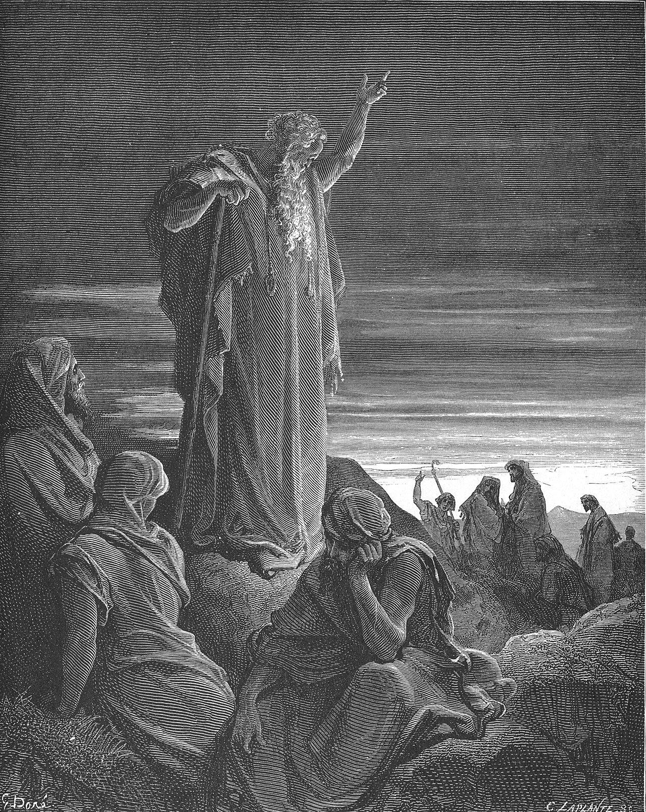 An old prophet stands on a rock with his arm raised while elders sit at his feet, one with his head in his hands