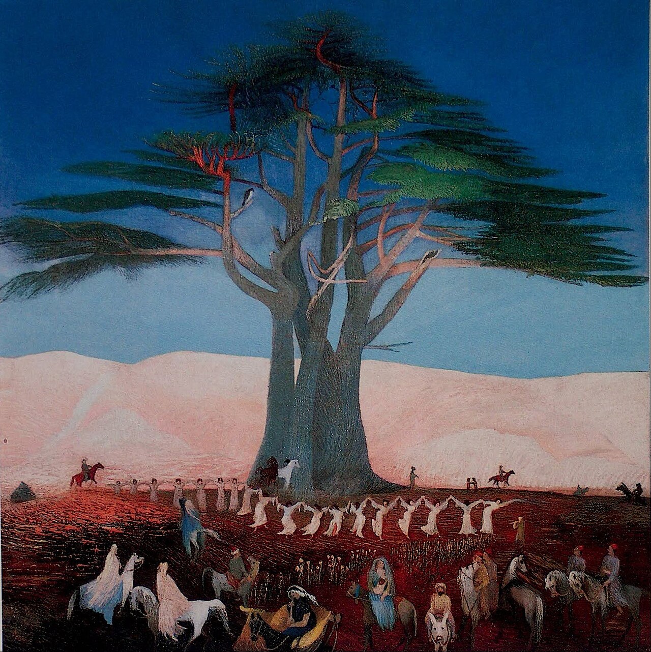 A great cedar spreads over pink mountains under a deep blue sky, with robed figures gathered in a ring at its base