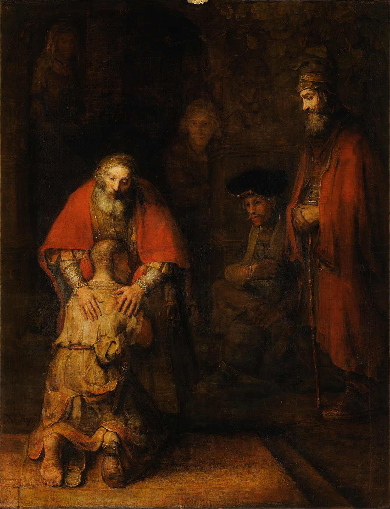 A father lays both hands on the back of his kneeling, ragged son while an older brother stands apart, watching