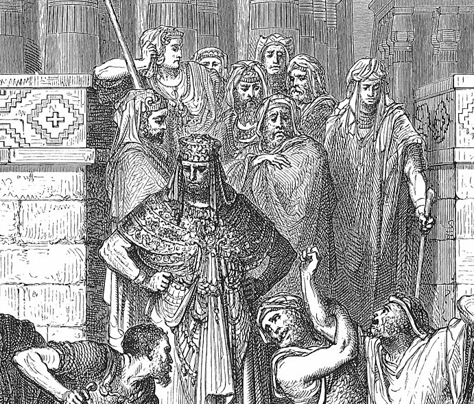 A crowned king in ornate robes stands surrounded by soldiers and captives, moments before his capture