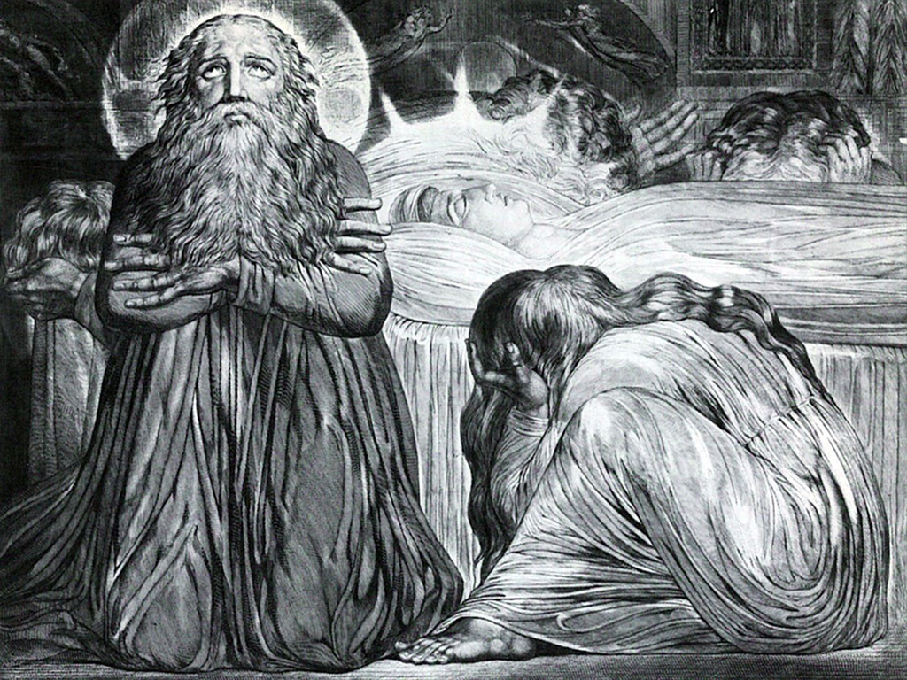 A bearded prophet kneels with hands crossed on his breast and eyes raised while his dead wife lies behind him and mourners cover their faces