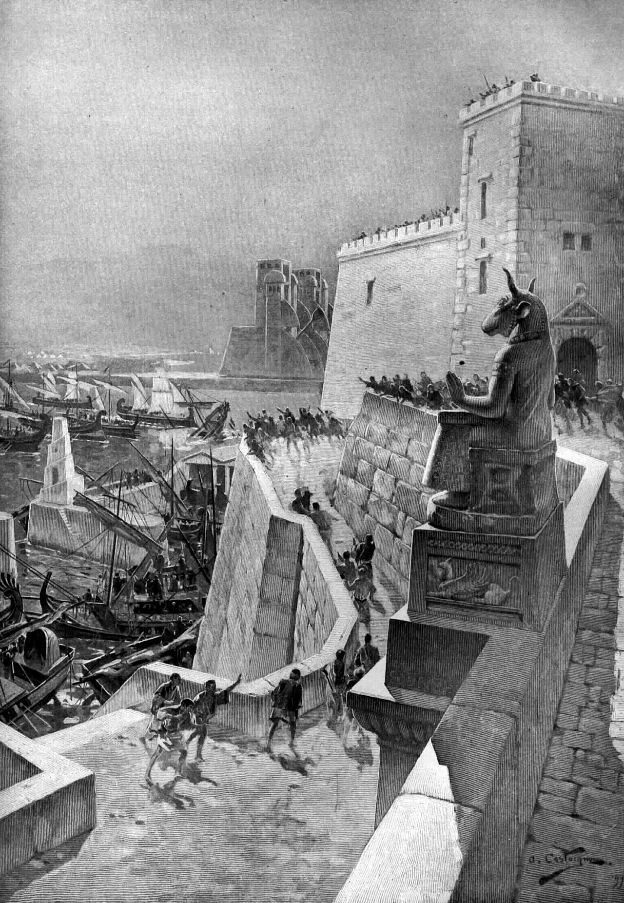 Ships burning and wrecked in a walled harbor while soldiers move along massive stone fortifications