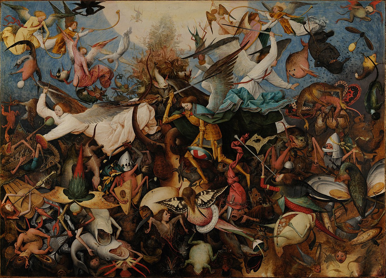 The Covering Cherub 1 Rebel angels twisting into grotesque half-animal shapes as armoured angels with swords drive them out of heaven