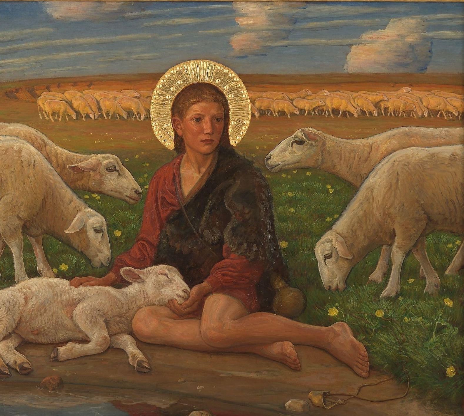 The Shepherds Who Fed Themselves 1 A shepherd sits among his sheep in a flowering meadow, one hand resting on a lamb lying across his lap