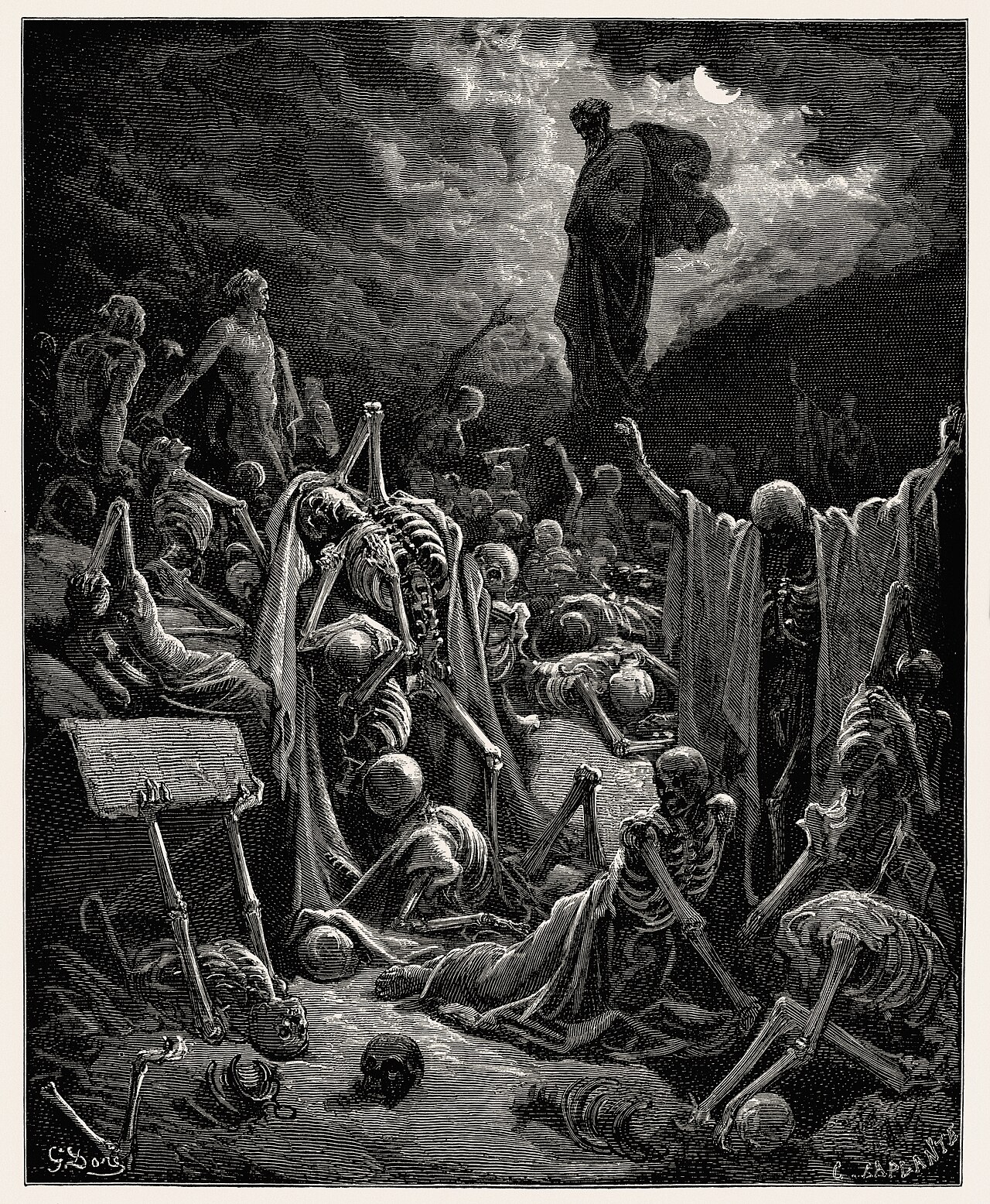Can These Bones Live? 1 A robed prophet stands on a rise above a valley strewn with skulls and scattered bones under a dark sky