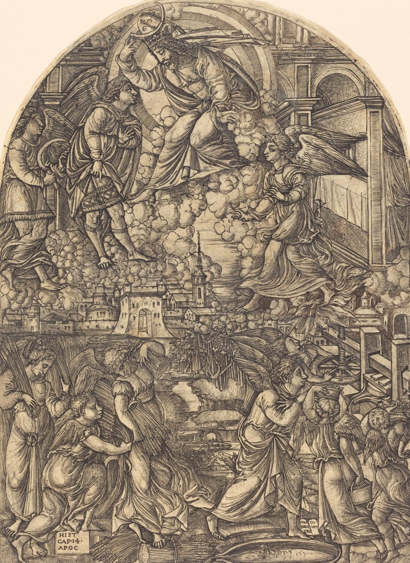 The Lord Also Shall Roar 1 The Lord Also Shall Roar - Christ above the clouds with a sickle, angels around him, and the winepress working below, in Jean Duvet’s engraving