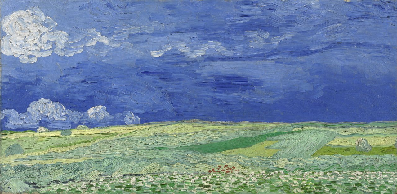 The Latter Rain For My People 1 A wide green and gold wheatfield running flat to the horizon under a heavy blue storm sky, with white and red flowers scattered through the grain