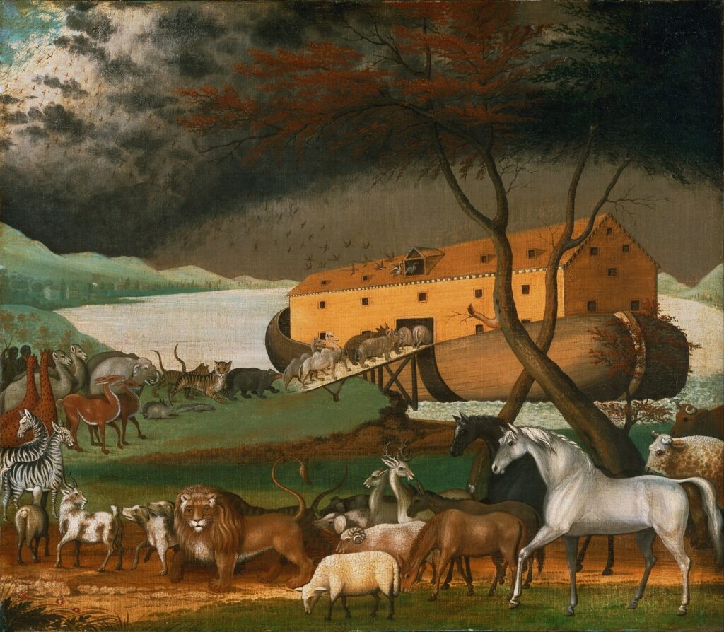 Genesis 4-11: Two Lines, A Flood, And A Tower 2 Noah's ark with animals entering two by two under a gathering storm