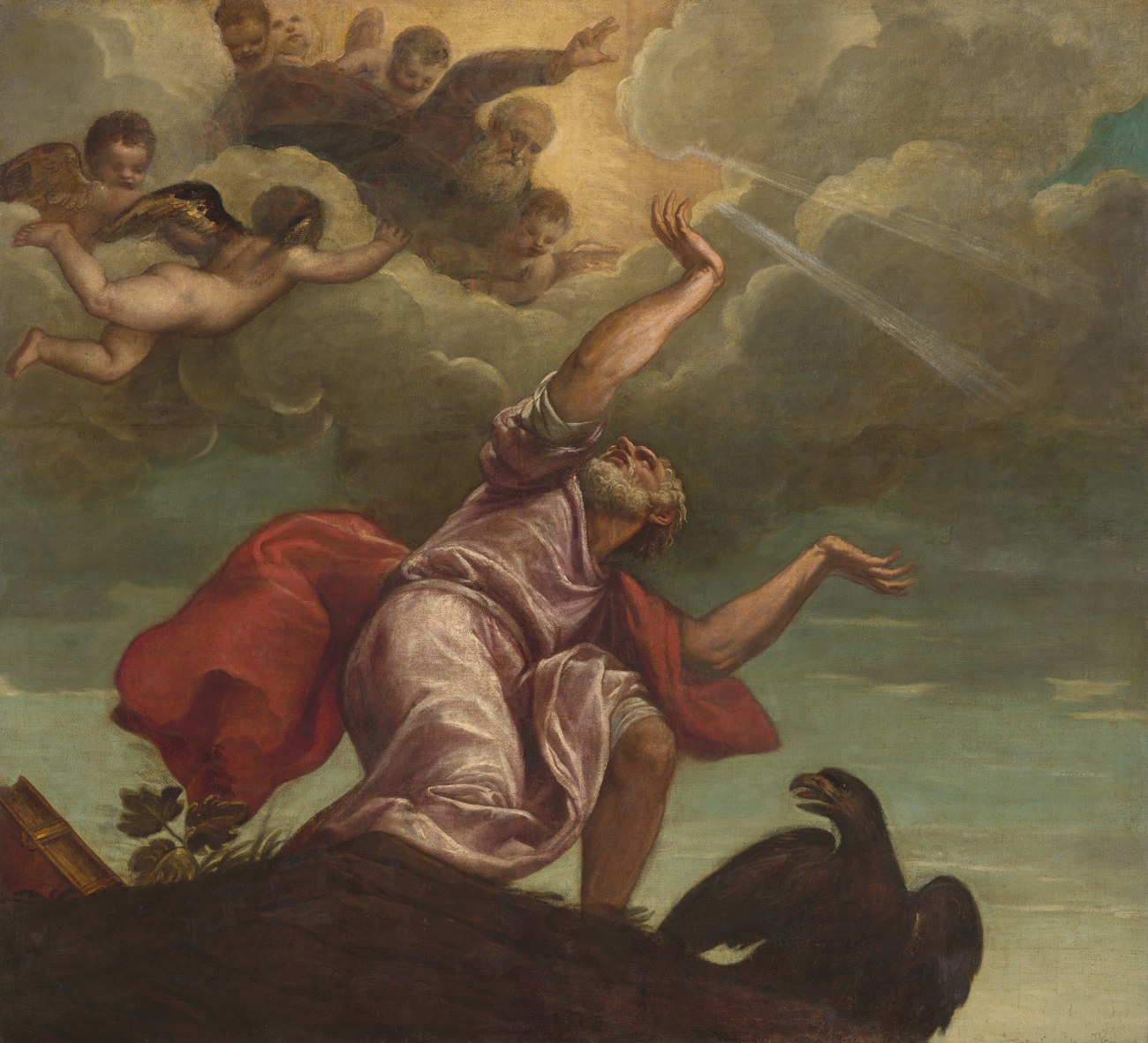 The Revelation Of Jesus Christ - John thrown back on the rocks of Patmos with one hand raised toward light breaking through the cloud, his eagle beside him, in Titian’s painting