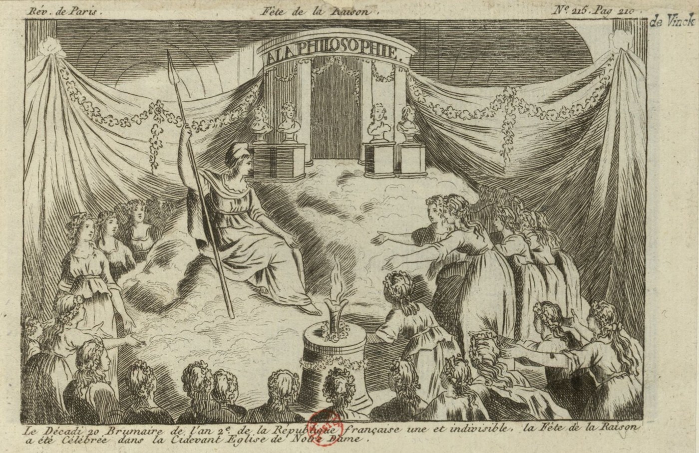 The Two Witnesses 1 The Two Witnesses - the Festival of Reason of 1793, with the Goddess of Reason enthroned before a temple inscribed To Philosophy and worshippers around a flame, in a contemporary engraving