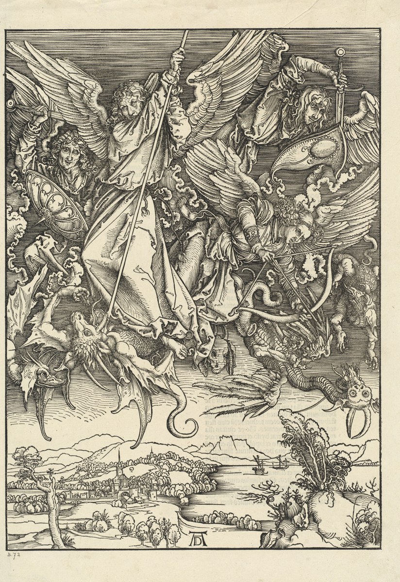 War In Heaven - Michael driving his spear down into the dragon while three angels fight beside him, with a quiet landscape below, in Albrecht Dürer’s woodcut
