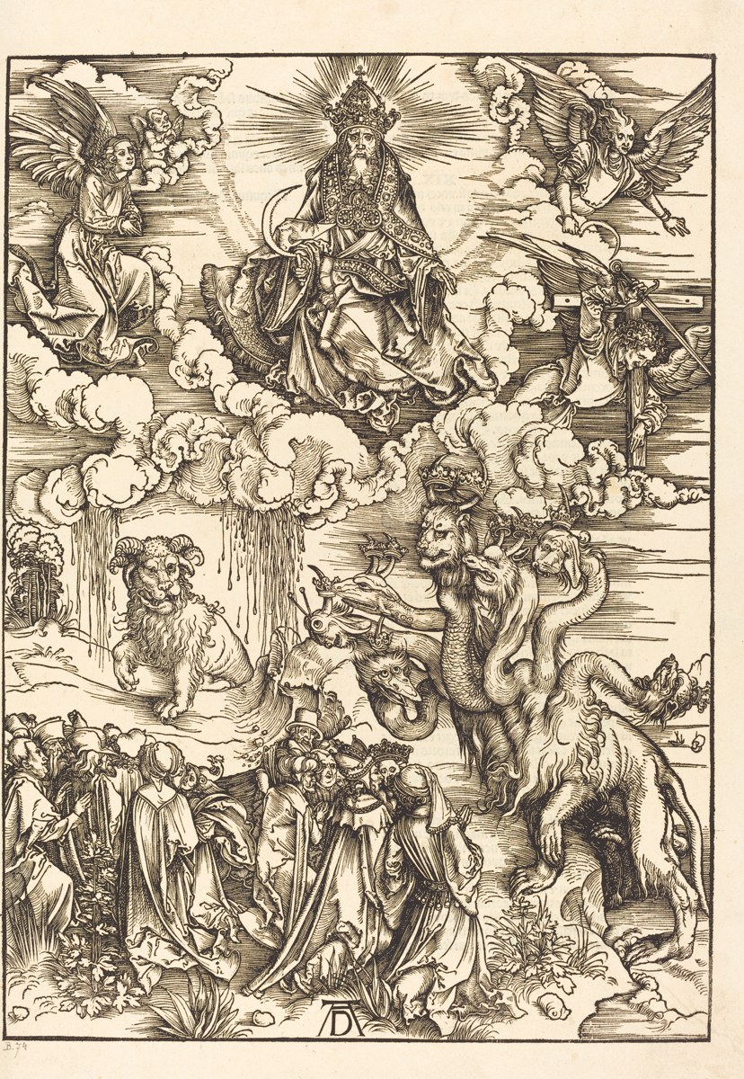 The Beast And The Buffalo - the two-horned beast calling fire down from heaven while the seven-headed beast from the sea watches and a crowd below looks on, in Albrecht Dürer’s woodcut
