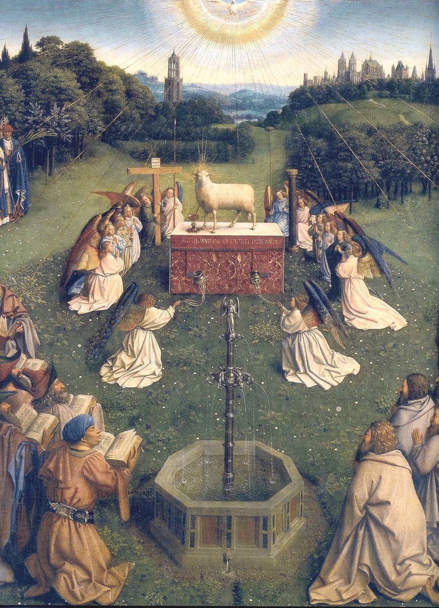 The Everlasting Gospel To Every Nation 1 The Everlasting Gospel To Every Nation - crowds converging from every side on the Lamb standing on an altar in a wide meadow, with the fountain of life below, in Jan van Eyck’s Ghent Altarpiece