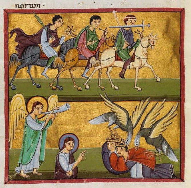 King Of Kings, And Lord Of Lords - riders above and, below, an angel calling birds of prey down on fallen kings, in the Bamberg Apocalypse