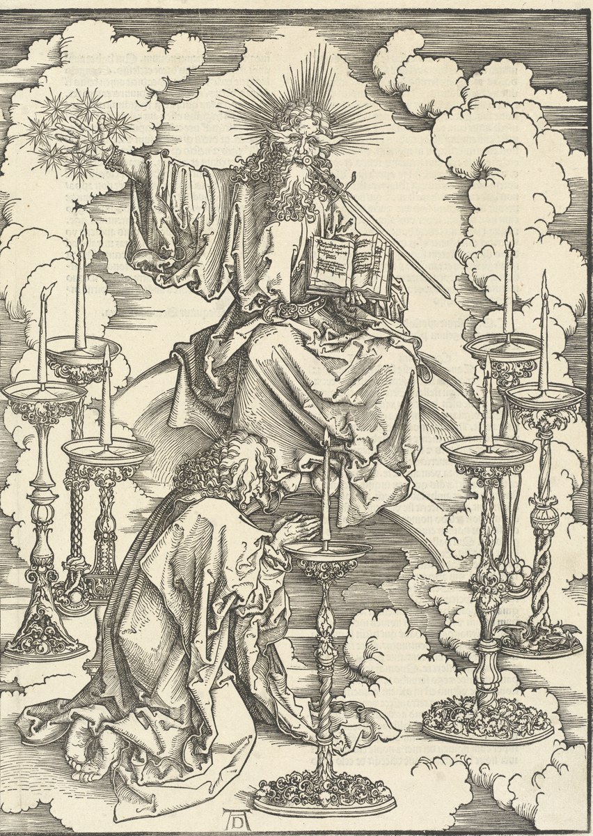 To Him That Overcometh - Christ enthroned among seven candlesticks, holding seven stars in his right hand, with John fallen at his feet, in Albrecht Dürer’s woodcut