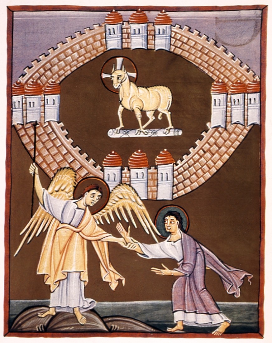 The Bride Comes Home - the walled city drawn as a ring of towers with the Lamb at its centre, and below it the angel showing the city to John, in the Bamberg Apocalypse