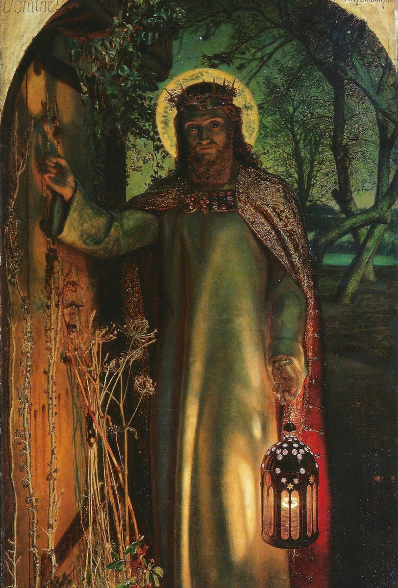 Behold, I Stand At The Door 1 Behold, I Stand At The Door - Christ crowned with thorns holding a lantern, knocking at a weed-grown door that has no handle on the outside, in William Holman Hunt’s painting