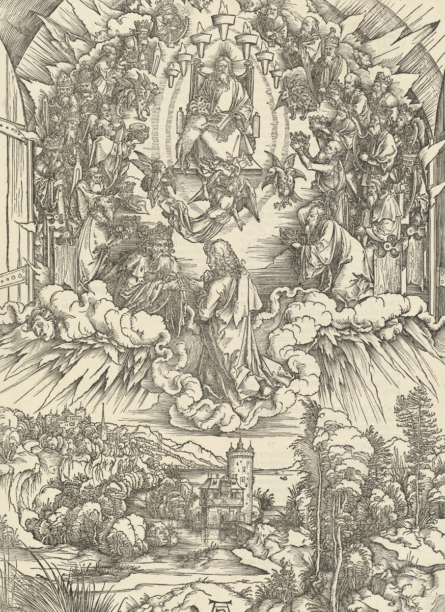 A Door Opened In Heaven 1 A Door Opened In Heaven - the throne in heaven with the seven lamps before it, the twenty-four elders in a ring around it, and John led up through the clouds, in Albrecht Dürer’s woodcut