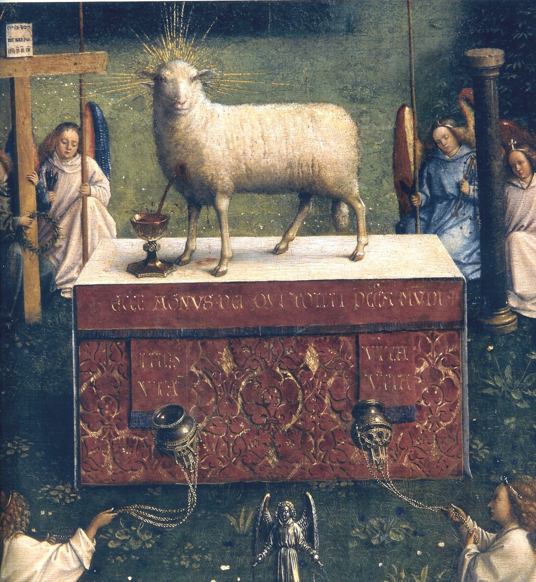 Worthy Is The Lamb 1 Worthy Is The Lamb - the Lamb standing on the altar with blood flowing from its breast into a golden chalice, angels around it with censers, in Jan van Eyck’s Ghent Altarpiece