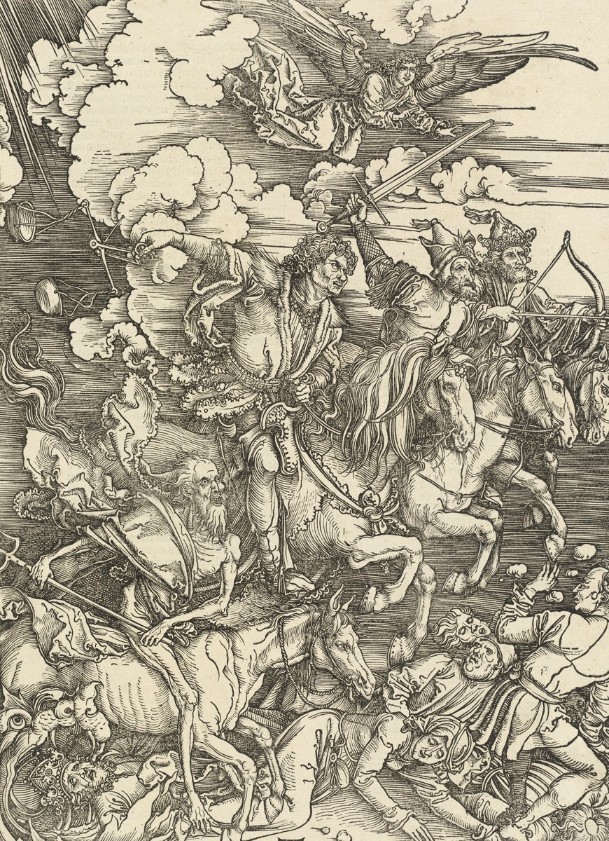 Who Shall Be Able To Stand? - the four riders of Revelation 6 charging together, the archer, the swordsman, the rider with the balances and Death on the pale horse, in Albrecht Dürer’s woodcut