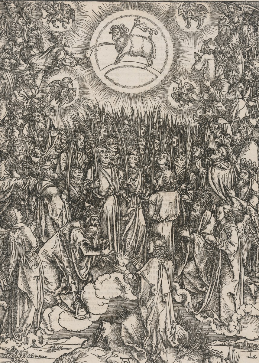 Sealed Before The Winds Are Loosed 1 Sealed Before The Winds Are Loosed - the great multitude in white robes holding palm branches before the Lamb, with the elders kneeling in front, in Albrecht Dürer’s woodcut