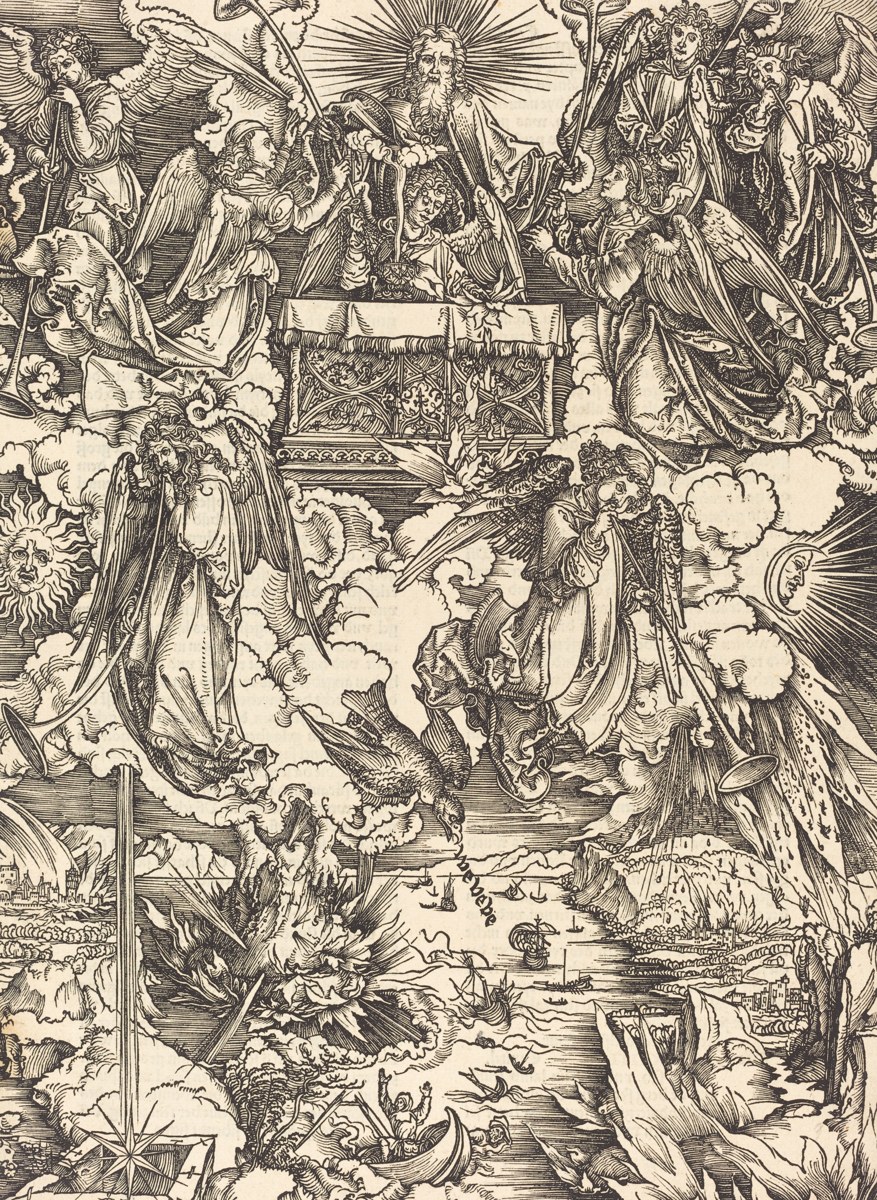 Silence In Heaven 1 Silence In Heaven - seven angels receiving trumpets before the throne, the angel at the altar with the censer, and below them the burning mountain falling into the sea and the star Wormwood, in Albrecht Dürer’s woodcut