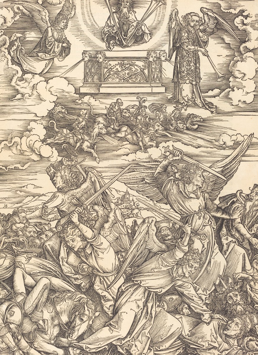 The Key Of The Bottomless Pit - the four angels of the Euphrates loosed with swords, the golden altar above them, and the lion-headed horsemen riding out, in Albrecht Dürer’s woodcut