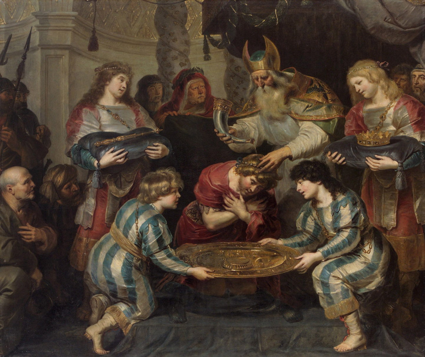 1 Chronicles 2 Zadok the priest pouring oil from a horn onto the head of a kneeling Solomon while David and the assembled elders of Israel look on, in a painting by Cornelis de Vos
