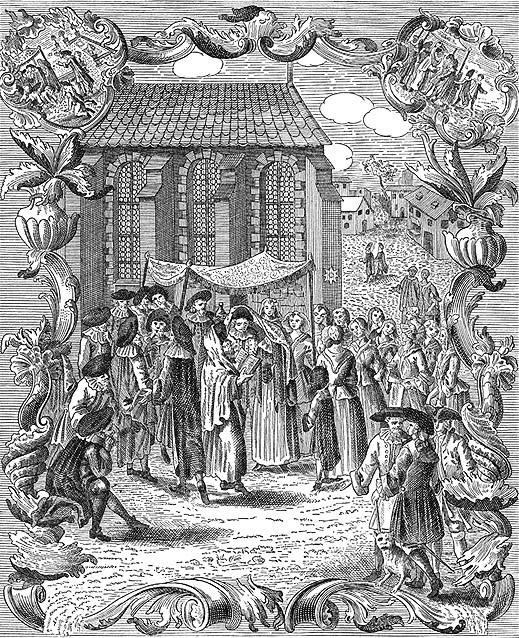 An old engraving of a Jewish wedding ceremony under a chuppah canopy