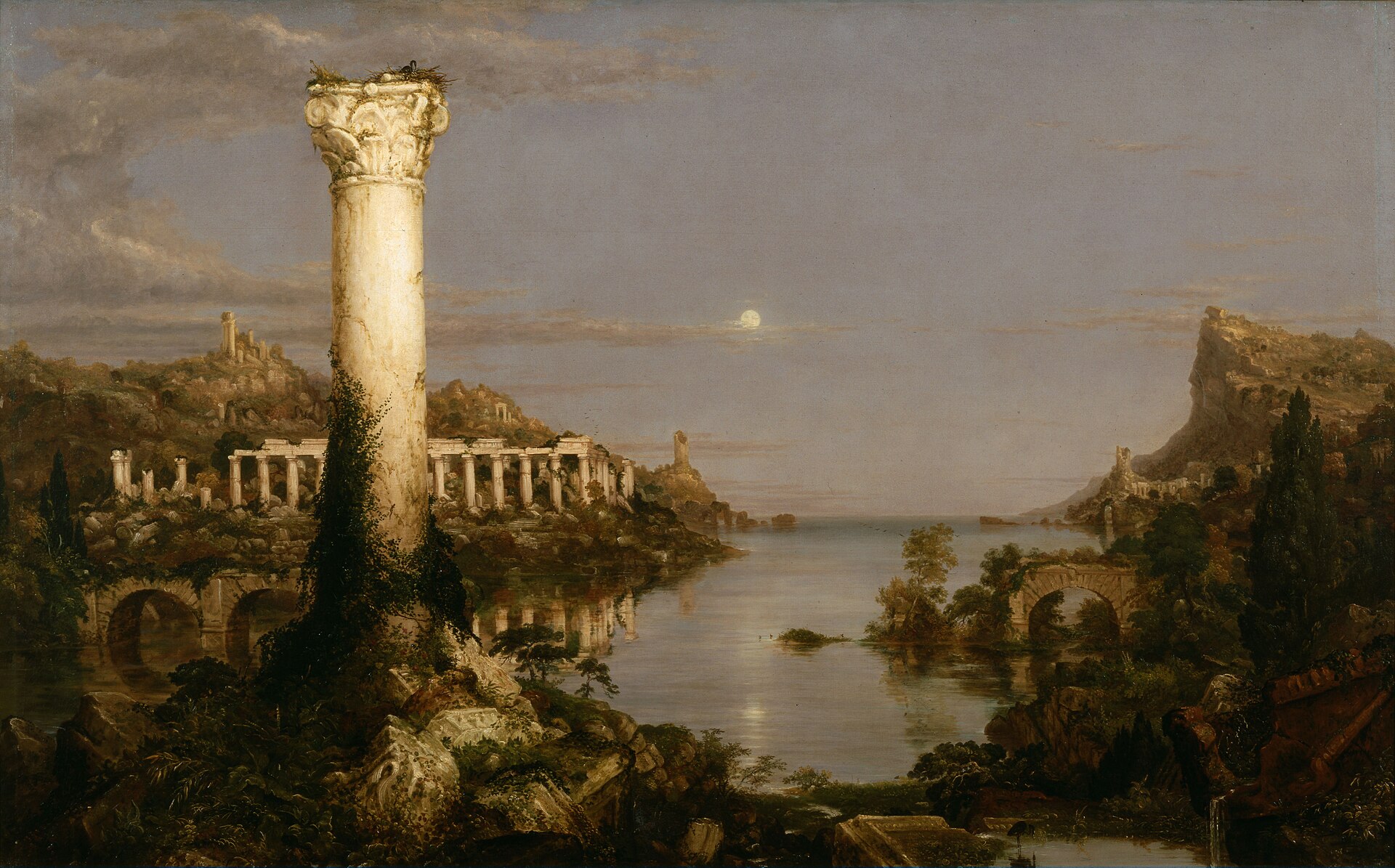 We Have An Advocate With The Father 1 A lone ruined column rising from the still water of a harbour at twilight, the fallen colonnades and bridges of a once-great city overgrown with trees and vines beneath a pale moon