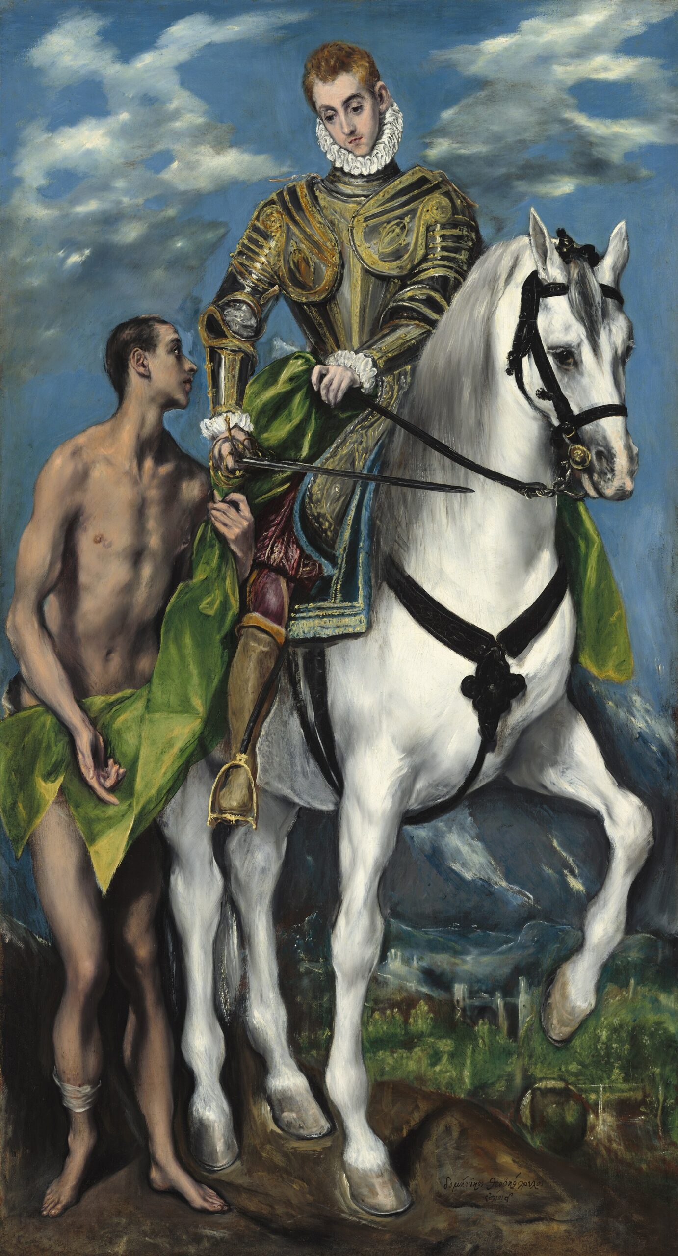 A young nobleman in gold-trimmed armour on a white horse cuts his green cloak in half with his sword to share it with a poor, barefoot man standing beside him on the road