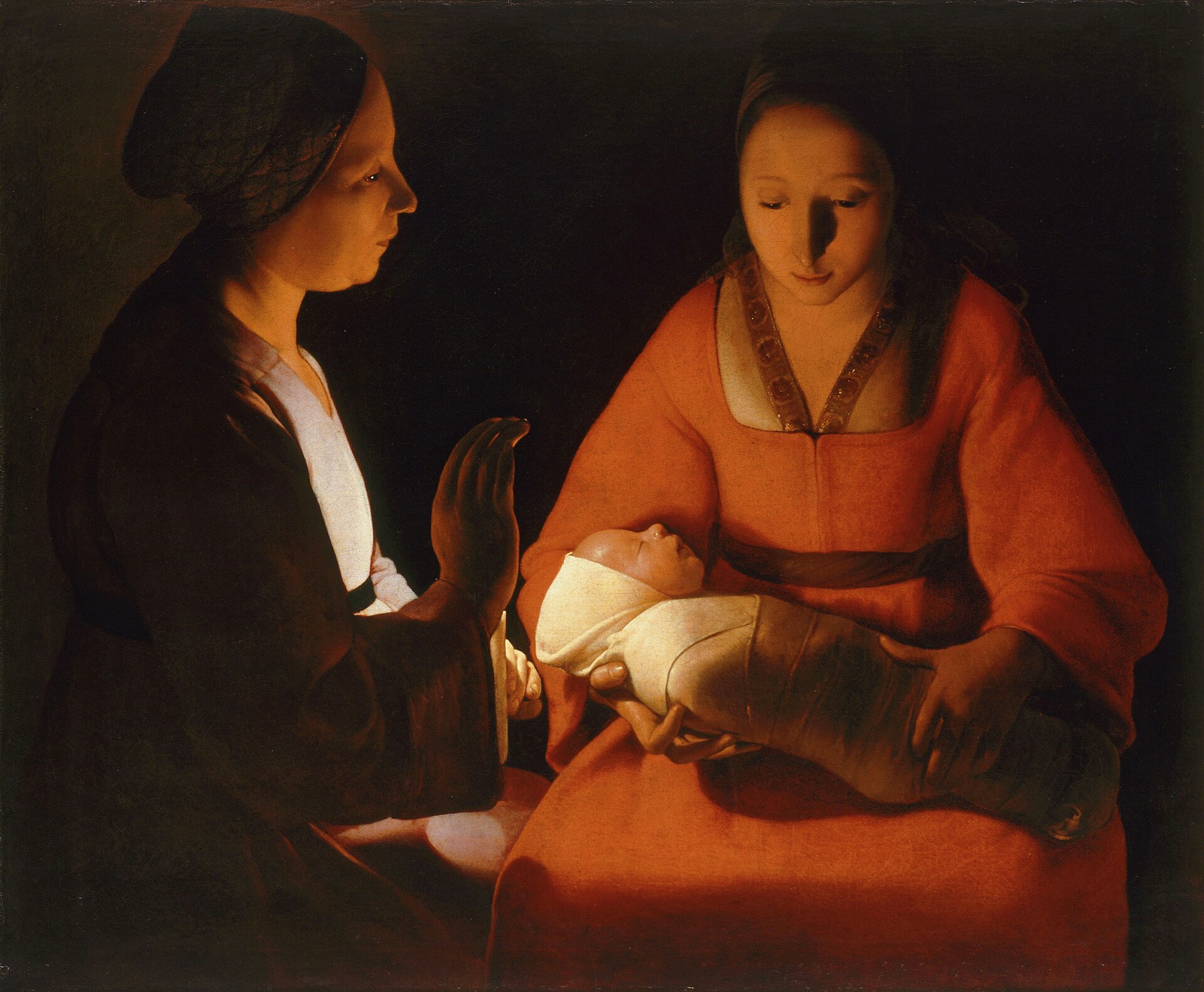 God Is Love 1 By the light of a candle hidden behind an older woman's raised hand, a young mother in a red dress gazes down at the swaddled newborn baby sleeping in her lap
