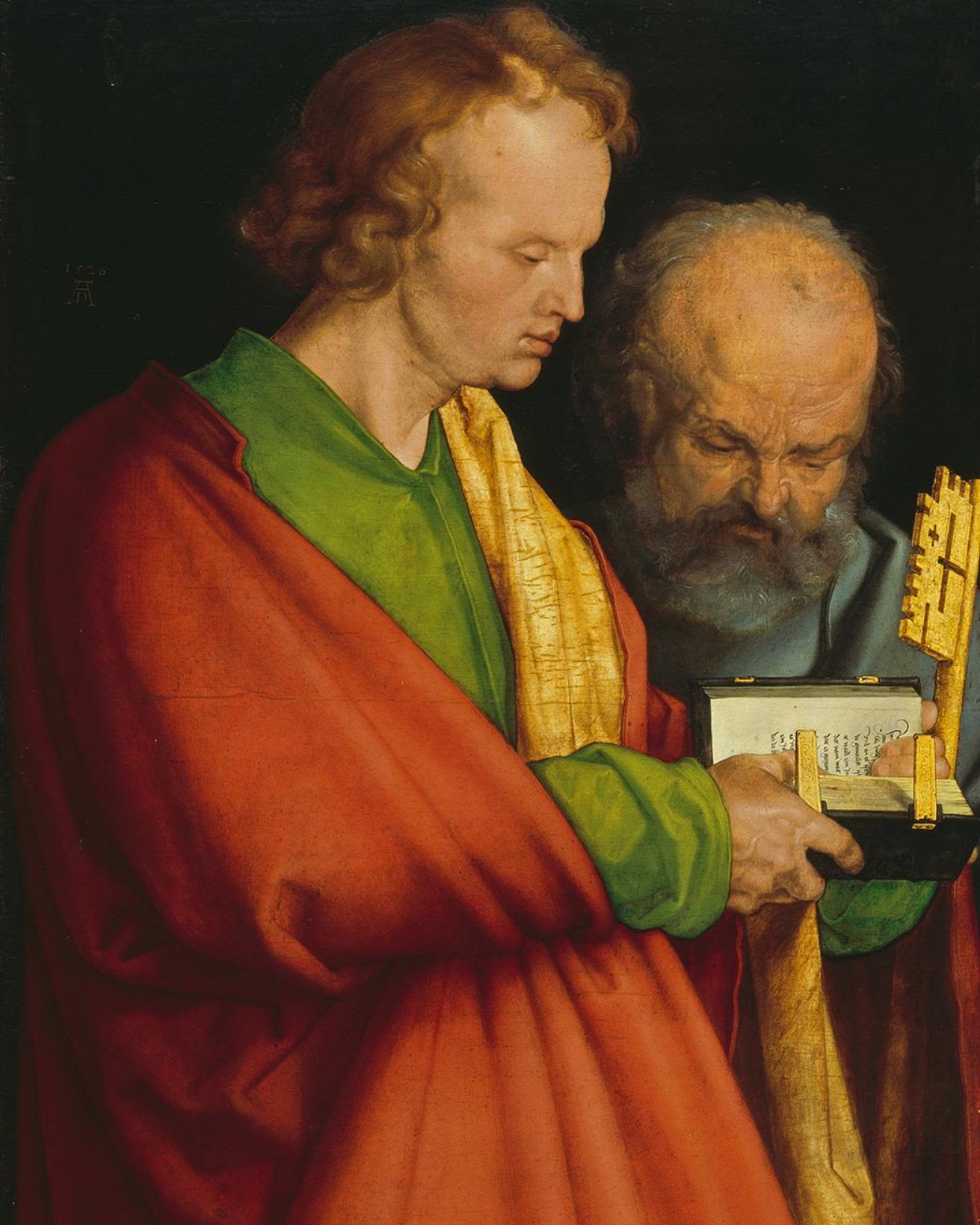1 John 2 The young apostle John in a deep red cloak reading from an open book held in his hands, while the aged, bearded Peter, holding a golden key, leans in to read over his shoulder