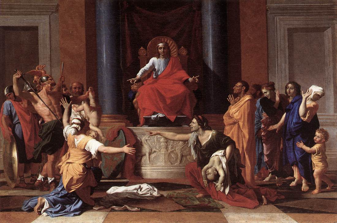 1 Kings 2 King Solomon on his throne, arm outstretched, giving the order to divide the living child as one mother recoils in horror and the other looks on unmoved, in a painting by Nicolas Poussin