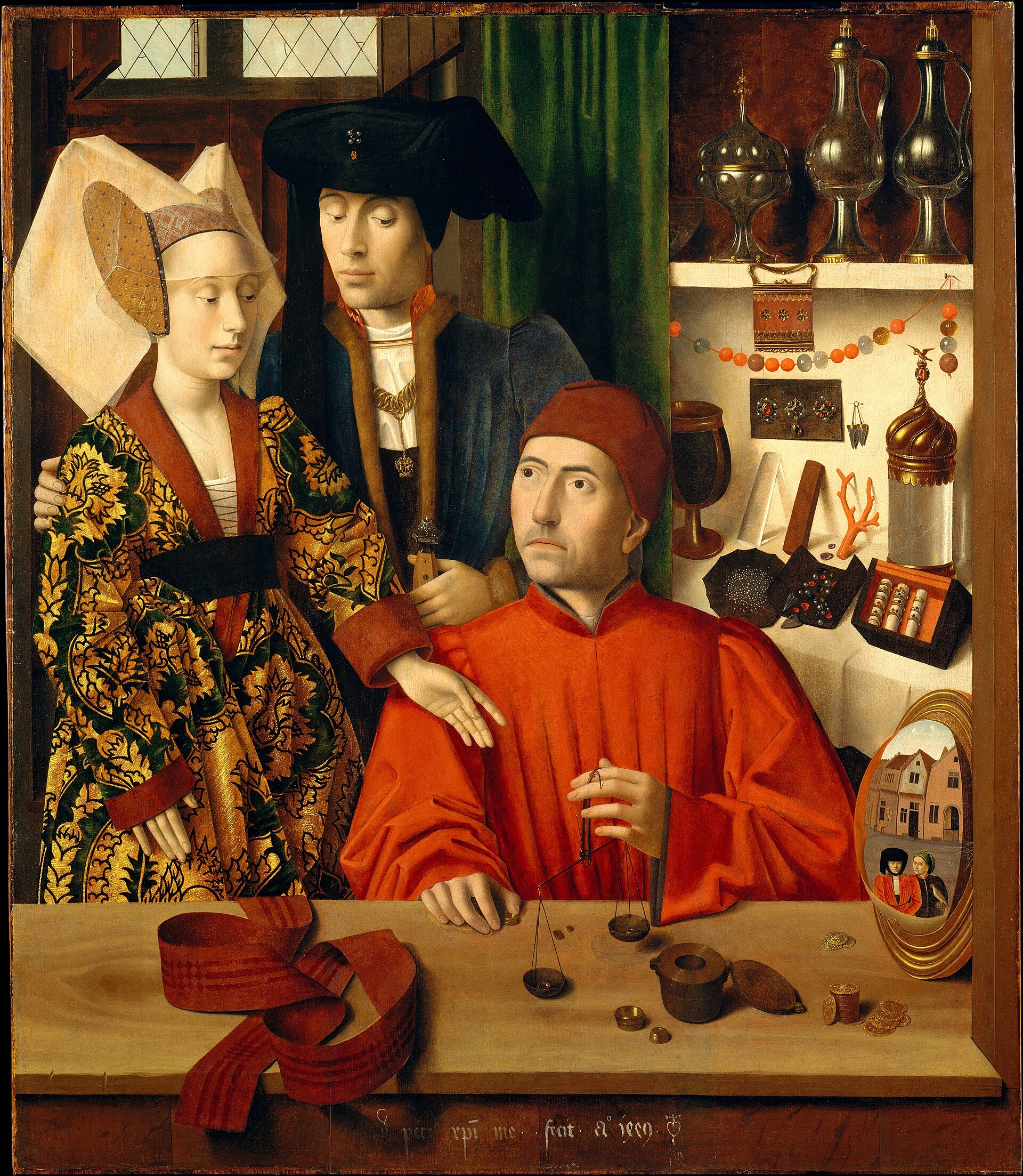 A Lively Hope 1 A goldsmith in a red robe weighing a gold ring on a small balance at his counter while a finely dressed young couple looks on, his shelves lined with precious vessels and gems