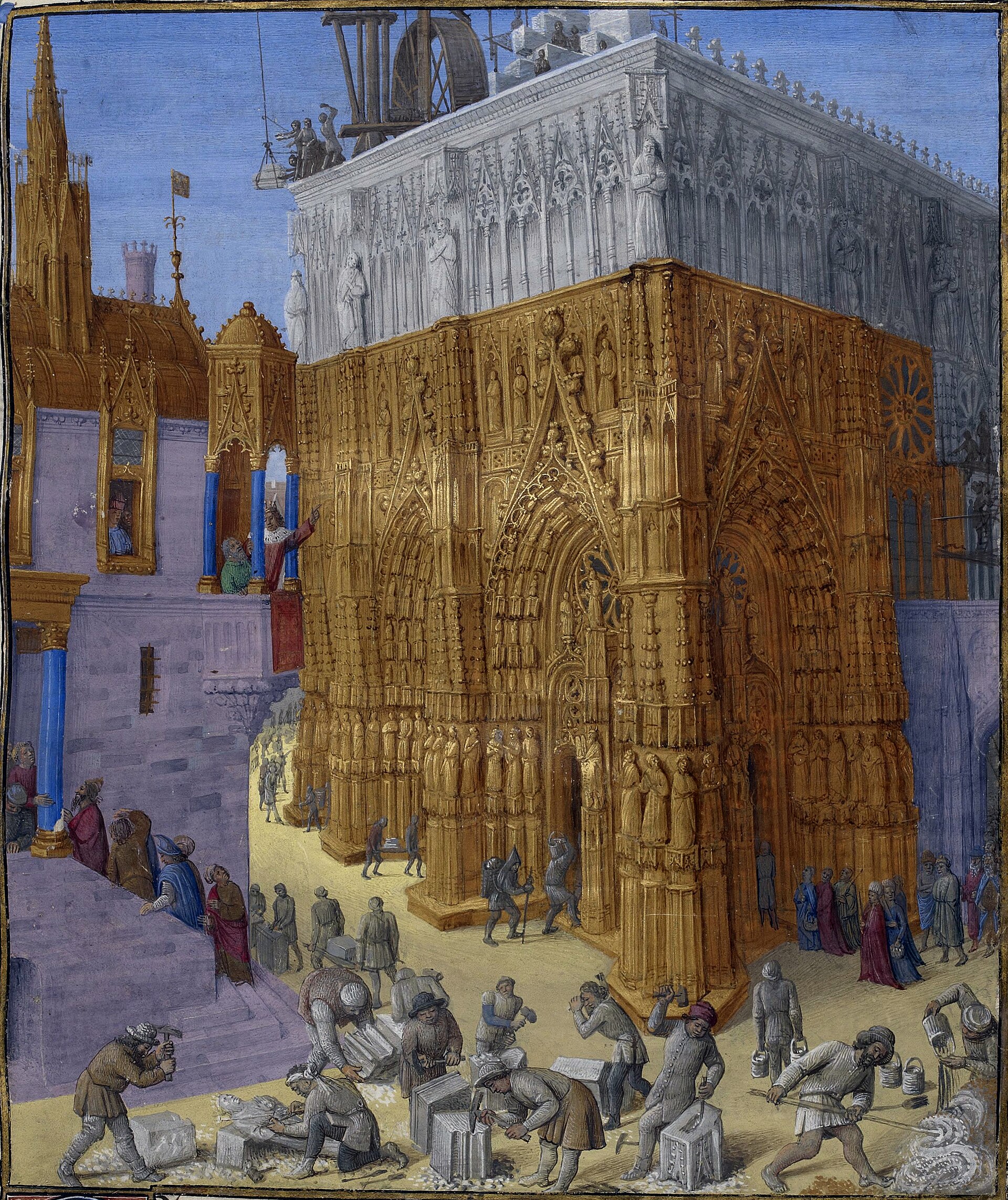 Masons cutting and carrying blocks of stone in the foreground while a crane hoists stones to the top of a great golden Gothic temple still being built