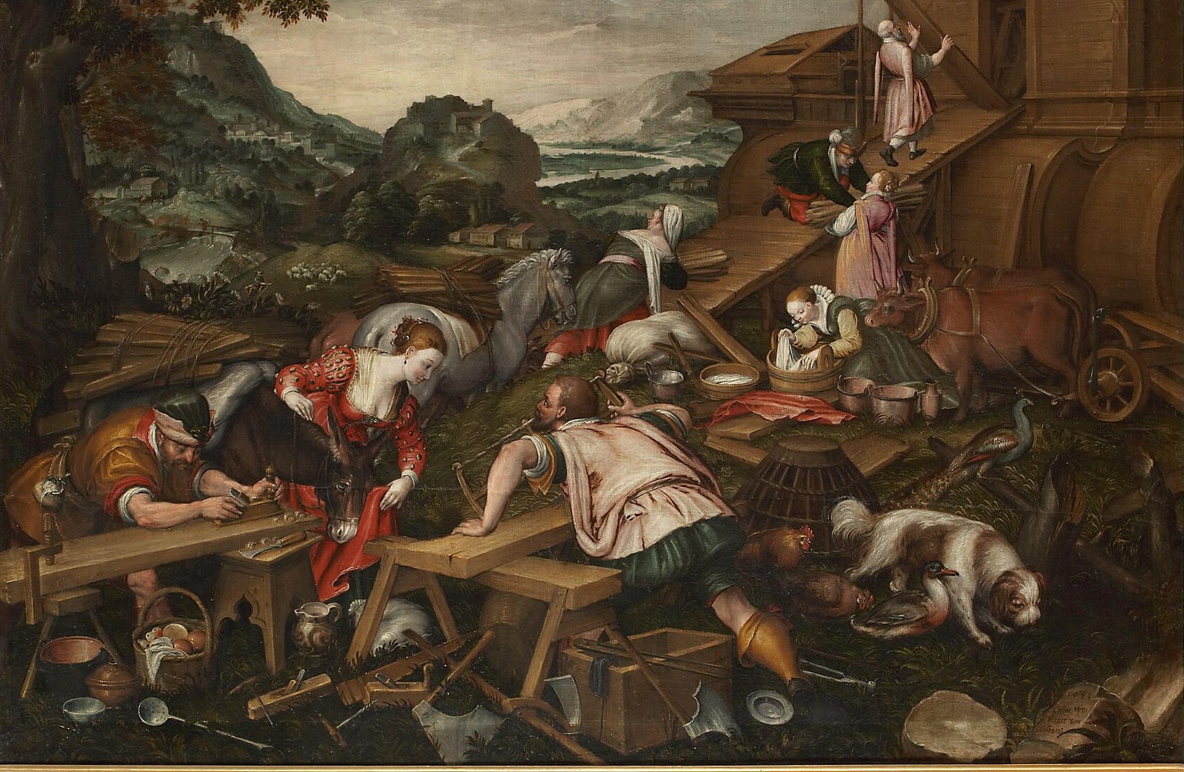 Carpenters planing and sawing timbers in the foreground while Noah's family carries supplies up a ramp into the great wooden ark, with animals gathering around them