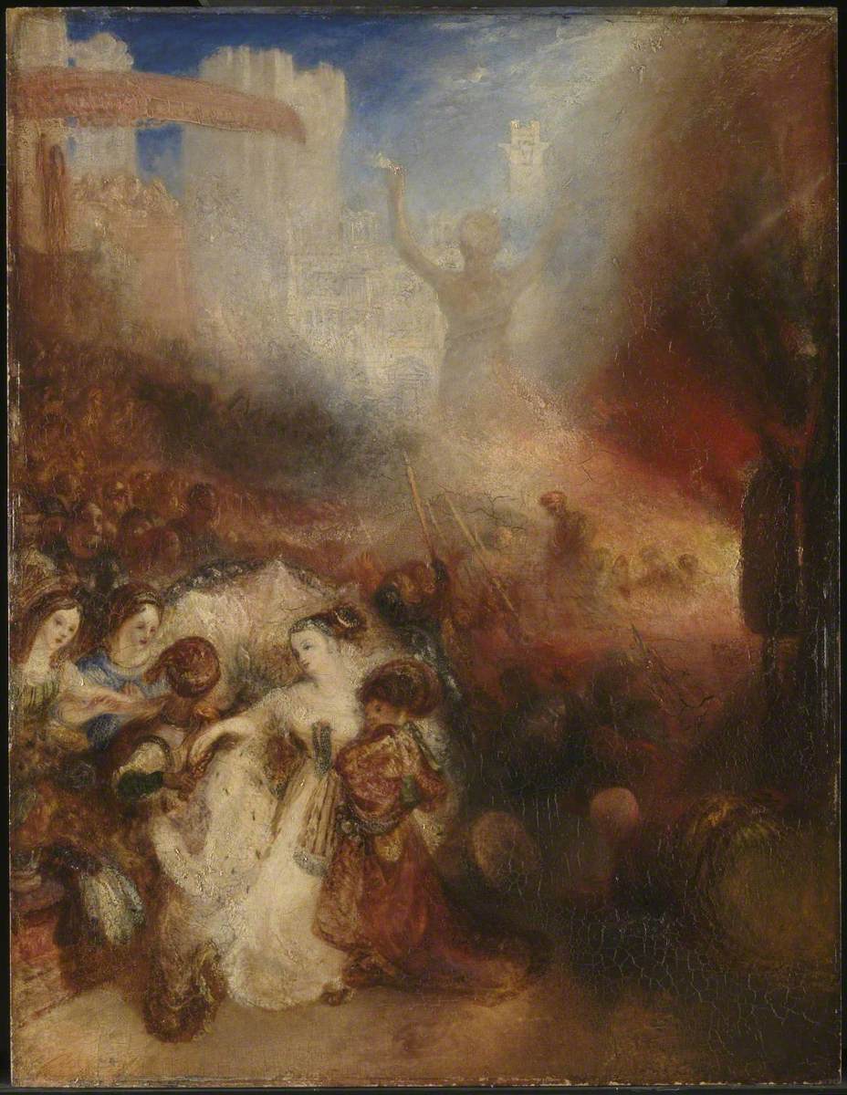 The Fiery Trial 1 A hazy golden blaze rising above a crowd of richly dressed Babylonian courtiers, with a pale figure standing within the smoke and fire, arms raised toward the sky