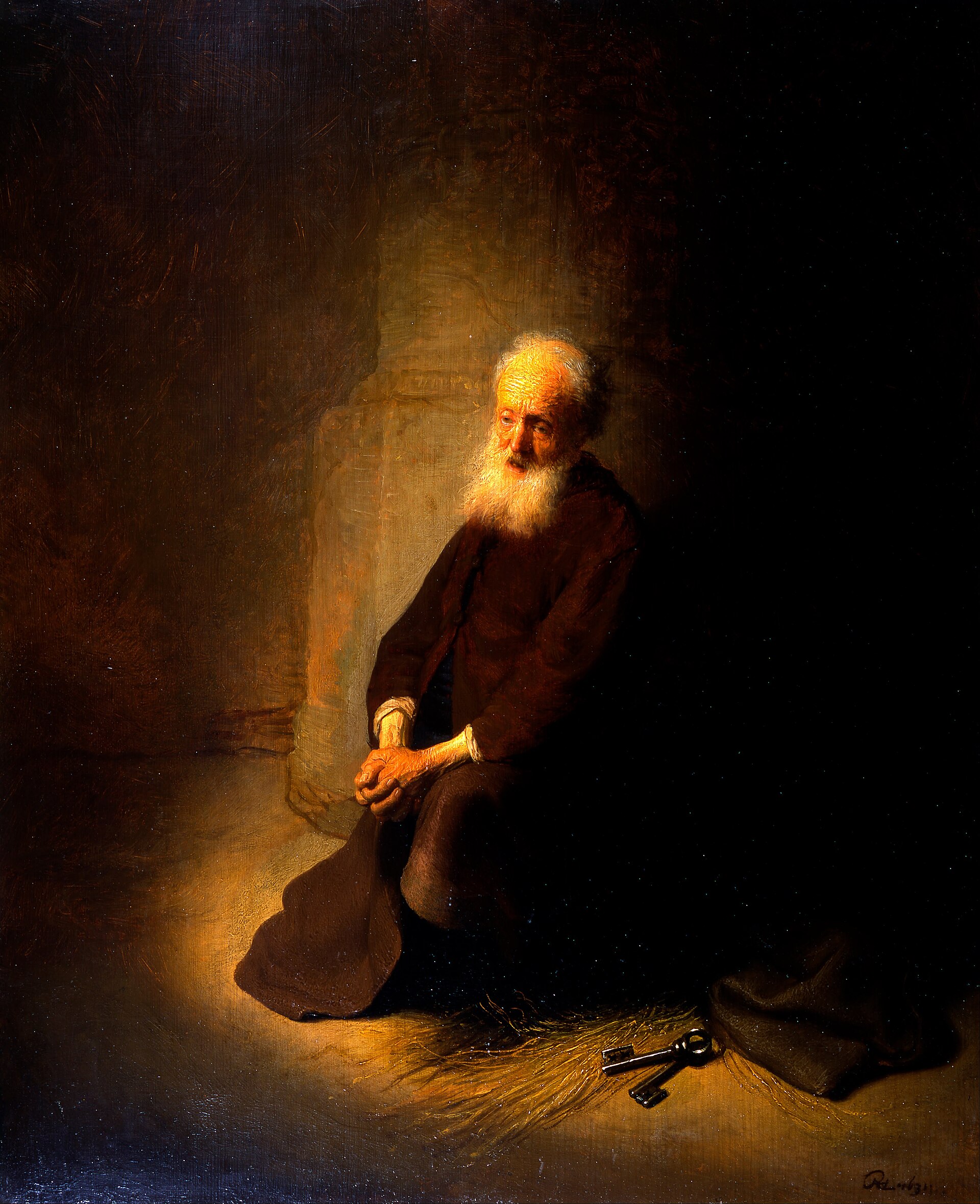 1 Peter 2 The aged apostle Peter kneeling in a dim prison cell with his hands clasped in prayer, the keys lying on the straw beside him