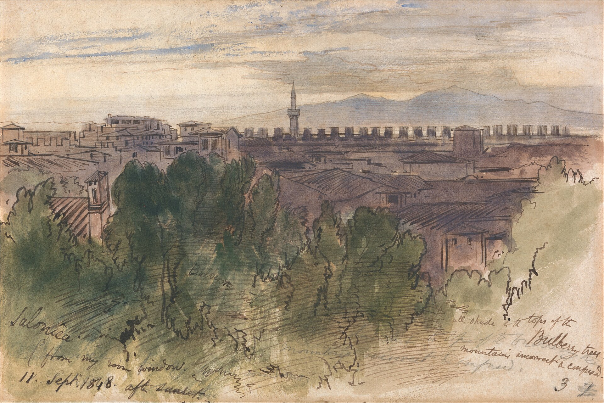 Lear's watercolor of the rooftops, city walls and minaret of Thessalonica at sunset, with mountains beyond