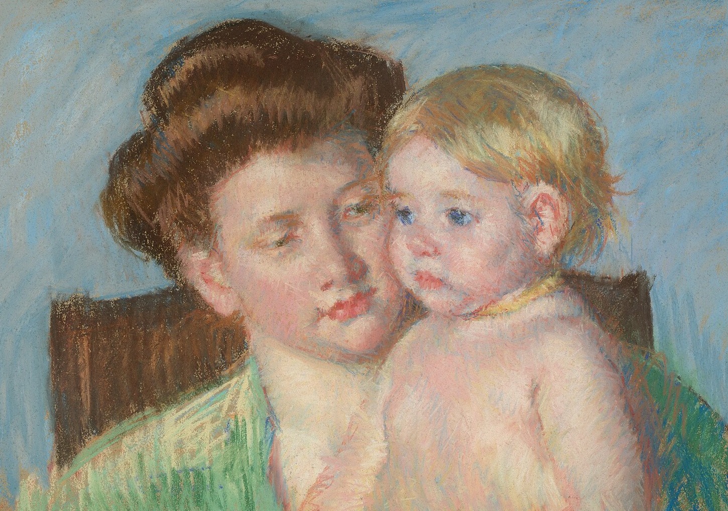 Cassatt's pastel of a mother holding her small child cheek to cheek against a blue background