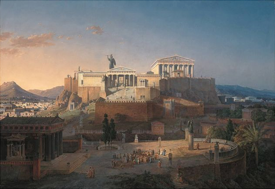 Klenze's painting of ancient Athens with the Parthenon and temples on the Acropolis above a crowded city square at evening