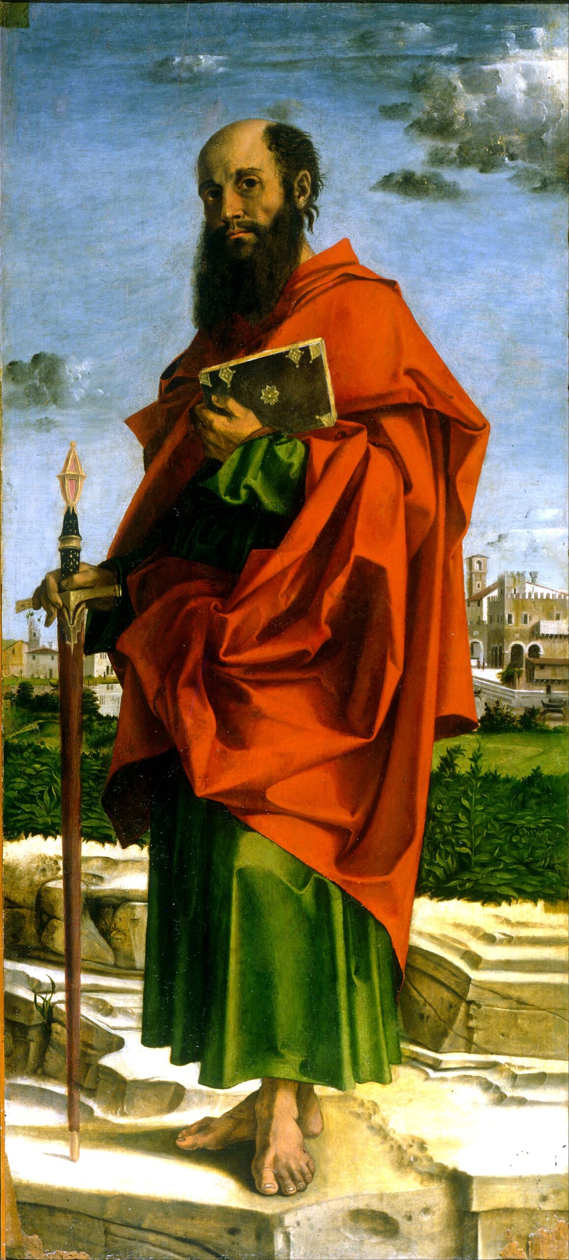 1 Thessalonians 2 Montagna's painting of the Apostle Paul standing barefoot in a red mantle, holding a book and a sword, with a walled town behind him
