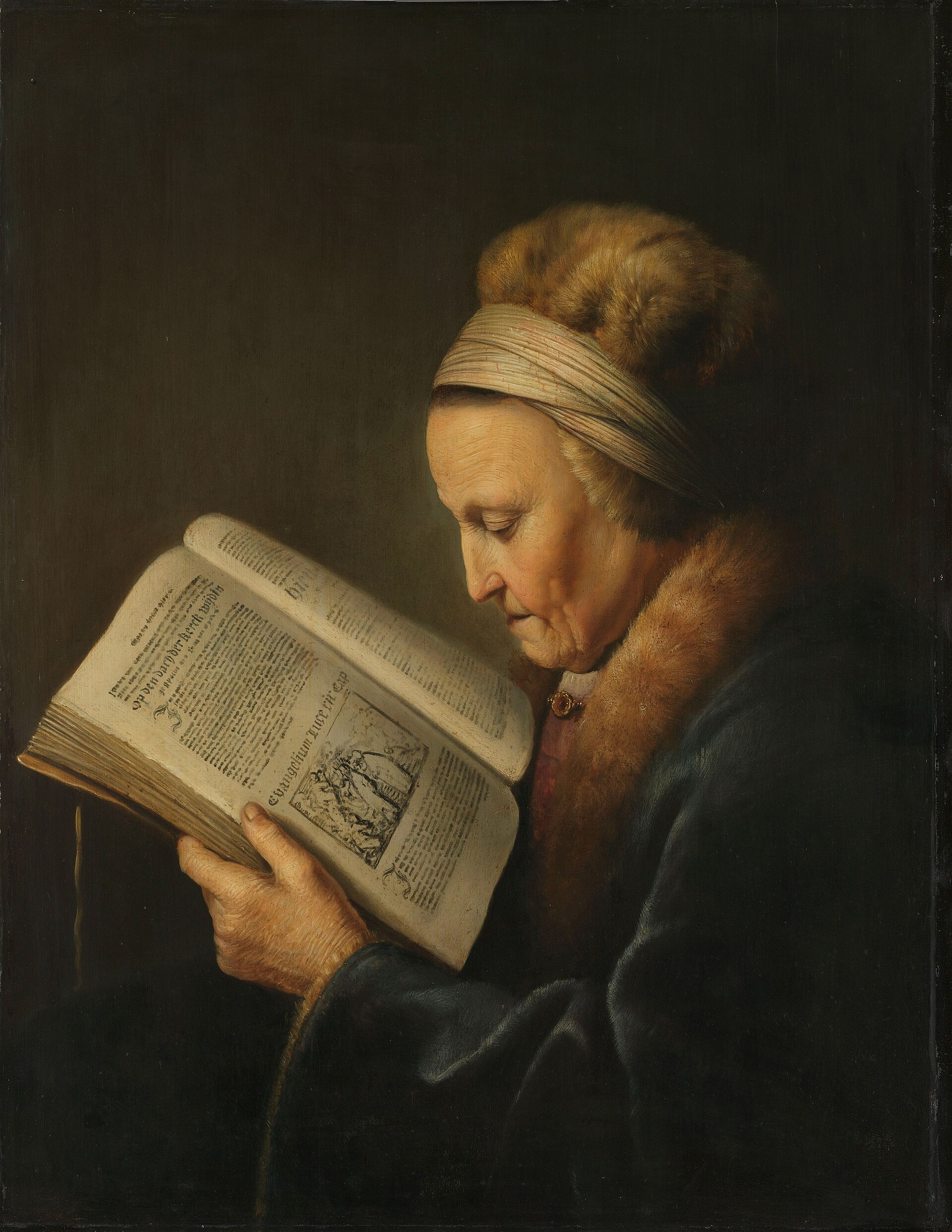 Dou's painting of an elderly woman in a fur-trimmed hat and headscarf, reading closely from a large open book