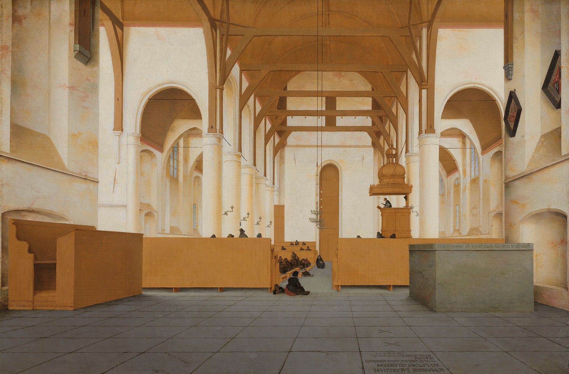 Saenredam's painting of a bright whitewashed church interior with tall pillars, arches and a wooden pulpit, a few worshippers seated below