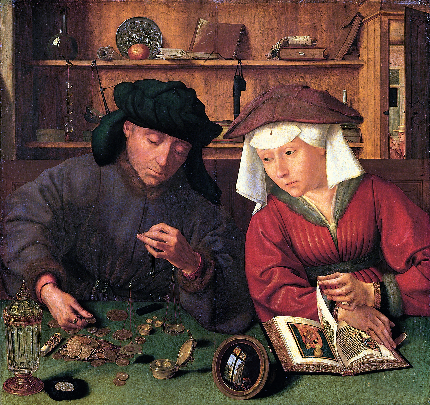 Matsys's painting of a moneylender weighing coins at his table while his wife, turning the pages of an illuminated prayer book, watches the money instead