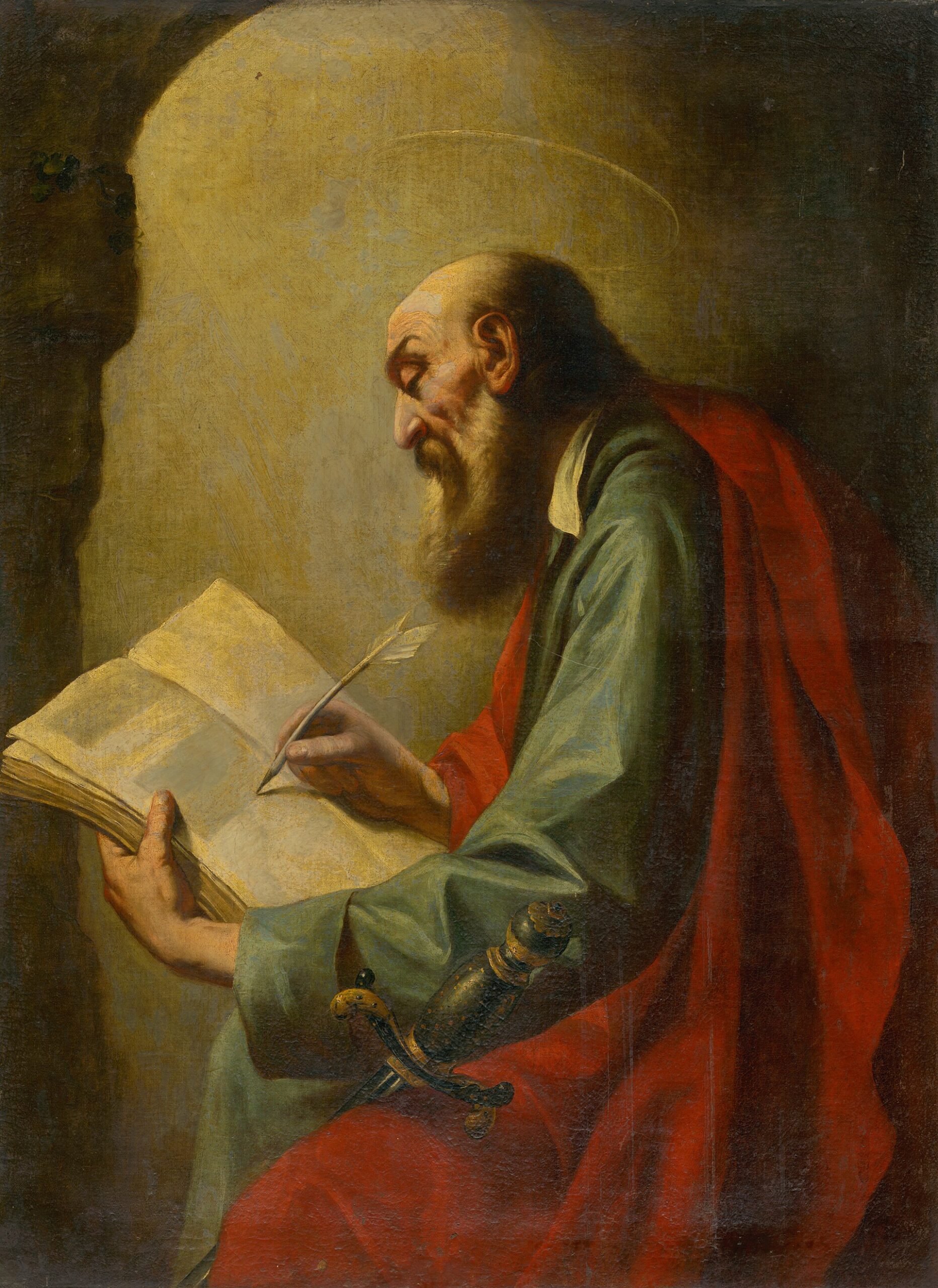 1 Timothy 2 A painting of the aged Apostle Paul in a red mantle, writing with a quill in an open book, a sword hilt at his side