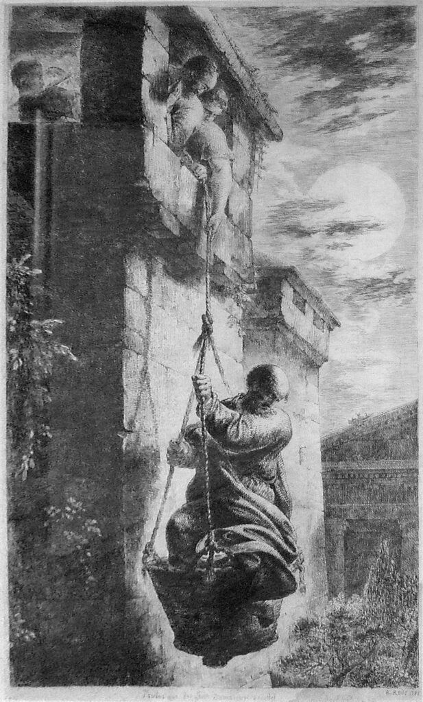 I Am Jealous Over You With Godly Jealousy 1 Nineteenth-century engraving of Paul being lowered by rope in a basket through an opening in the wall of Damascus by night